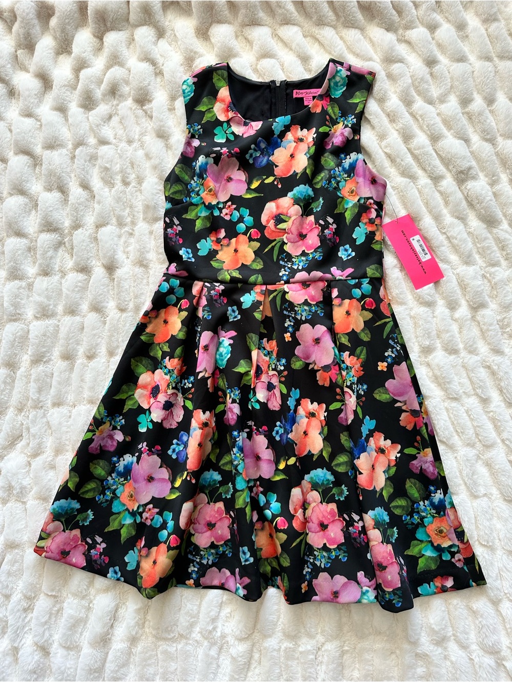Betsey Johnson Black Floral Fit & Flare Dress with Multicolor Blooms